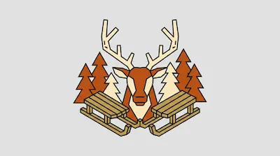 Flat illustration of a geometric deer head with large antlers, flanked by pine trees and two wooden sleds in the foreground