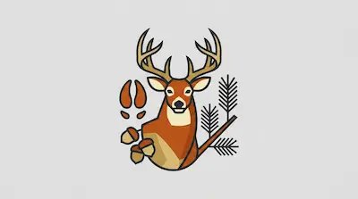 Flat illustration of a brown buck with large antlers, pine branches, and acorns on a light gray background