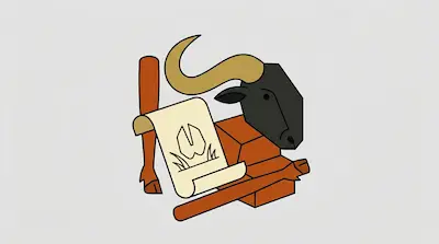 Flat illustration of a black bull head with large horns, an orange body, and a scroll showing a hoof print icon.