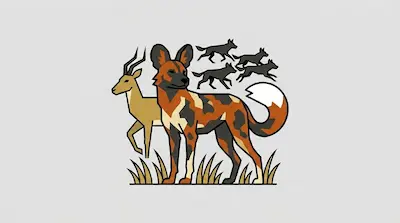 A lean African wild dog with a patchy coat standing alert on savanna grass beside a pack of silhouettes, an impala, and a round white-tipped tail on a light gray background