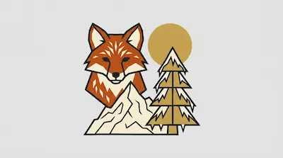 Flat illustration of a stylized fox head above a snowy mountain peak with a pine tree and a golden sun