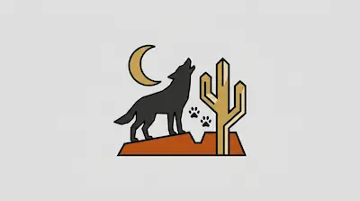 A howling wolf silhouette stands on a rocky desert landscape next to a cactus and under a crescent moon.