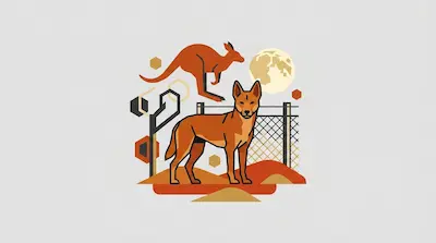 A lean ginger-colored dingo with erect ears standing on red desert sand beside a section of the Dingo Fence, a red kangaroo silhouette, and a full moon on a light gray background.