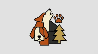 A geometric graphic featuring a dog's face, a howling wolf, a paw print, and a pine tree.