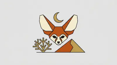 Flat geometric illustration of a fennec fox head with large ears, a crescent moon, and a desert shrub on a gray background