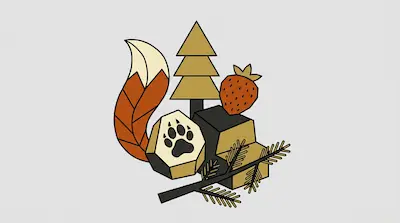 Stylized nature icons including a fox tail, a pine tree, a strawberry, a paw print on a rock, and a pine branch.