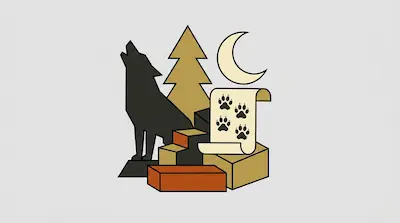 A howling wolf silhouette, a pine tree, and a crescent moon are arranged with a scroll of paw prints on a stack of rectangular blocks.