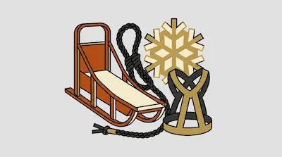 A wooden dog sled, a black braided rope, a gold snowflake, and a gold dog harness.