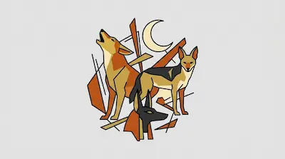 A golden jackal howling at twilight beside a black-backed jackal with its dark saddle, an Anubis mask silhouette, and a crescent moon on a light gray background