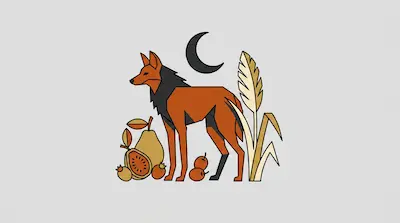 Flat illustration of a maned wolf standing by fruit and tall grass under a crescent moon on a light gray background