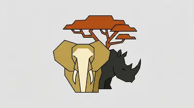 Flat illustration of a geometric elephant and rhinoceros standing in front of an acacia tree on a gray background