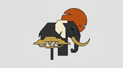 Flat illustration of a geometric elephant with a large orange sun and a stylized acacia tree on a gray background