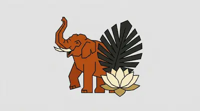 Flat illustration of a brown elephant with its trunk raised, standing next to a black palm leaf and a cream lotus flower