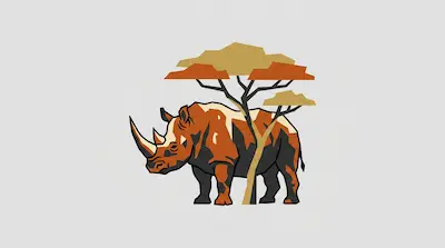 Flat illustration of a stylized rhinoceros standing behind a geometric acacia tree on a light gray background