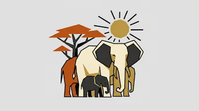 Flat illustration of a family of elephants standing by an acacia tree under a geometric sun on a light gray background