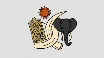 Flat illustration of an elephant head, curved tusks, a patterned shield, and a sun on a light gray background