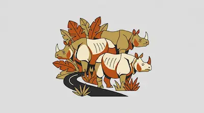 Flat illustration of three rhinos standing by a winding road with orange and tan leaves on a light grey background