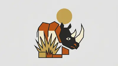 Flat geometric illustration of a rhinoceros with a golden sun and spiky grass in orange and black tones