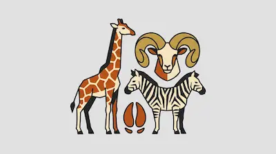Flat illustration of a giraffe, a two headed zebra, and a ram head in earth tones on a light gray background