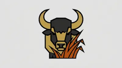 Flat illustration of a bull head with large horns and orange grass, using a geometric style on a light gray background
