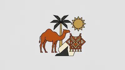 Flat illustration of a brown camel standing by a palm tree, a sun, and a patterned tent on a light gray background