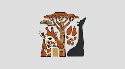 Flat illustration of a giraffe head, a tall acacia tree, and a dark animal silhouette on a light grey background