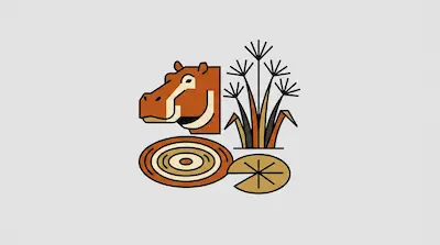 Flat illustration of a brown hippo head, tall reeds, and a lily pad on a light gray background with bold black outlines