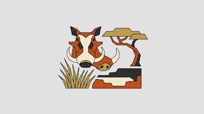 Flat illustration of a geometric warthog with large tusks next to a savanna tree and tall grass on a gray background