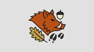 Flat illustration of an orange wild boar head with an acorn, an oak leaf, and hoof prints on a grey background