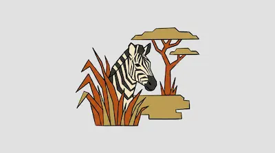 Flat illustration of a zebra head peeking through tall orange grass next to a stylized acacia tree on a gray background