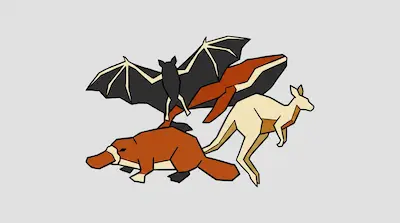 Flat illustration of a bat, kangaroo, and platypus in a geometric, angular style on a light grey background