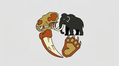 Flat illustration of a woolly mammoth, a prehistoric skull, a large tusk, and a paw print on a light gray background