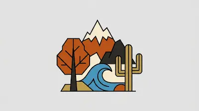 Flat illustration of a mountain range, an orange tree, a blue wave, and a cactus with bold black outlines