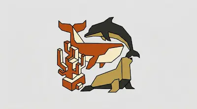 Flat illustration of a whale, dolphin, and sea lion with geometric coral on a light gray background