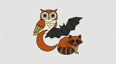 Flat illustration of an owl, a bat, and a raccoon with a crescent moon on a light gray background