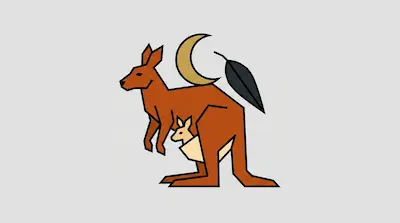 Flat illustration of a brown kangaroo with a joey in its pouch, a crescent moon, and a leaf on a grey background