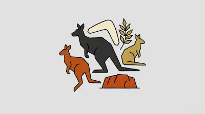Flat illustration of three kangaroos, a boomerang, and a rock formation in a minimalist geometric style on a gray background