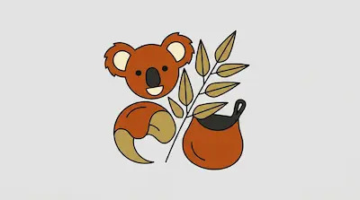 Flat illustration of a brown koala head next to a leafy branch and a small pouch on a light grey background