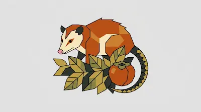 Flat illustration of a geometric orange opossum standing behind a persimmon fruit and yellow leaves on a gray background