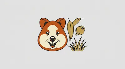 Flat illustration of a smiling quokka head next to eucalyptus leaves and a gumnut on a light gray background