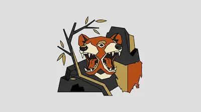 Flat illustration of a two headed orange beast snarling next to a jagged rock and a leafless branch on a gray background