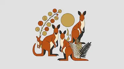 Flat illustration of a kangaroo family with a joey, stylized plants, and a golden sun on a light gray background