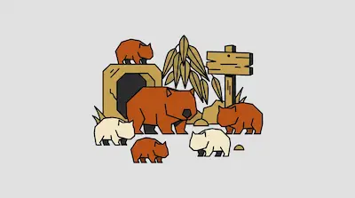 Flat illustration of a group of geometric wombats near a cave, leaves, and a wooden sign on a light gray background