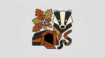 Flat illustration of a badger, oak leaves with acorns, and a wooden burrow entrance on a light gray background