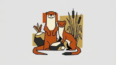 Flat illustration of an otter and a weasel standing by cattails and rocks on a light gray background