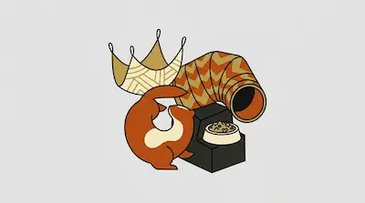 Flat illustration of a brown ferret next to a food bowl, a patterned play tunnel, and a hammock on a gray background