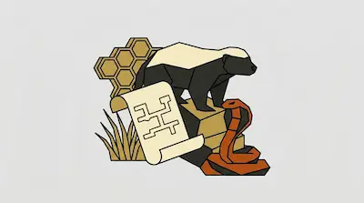 Flat illustration of a honey badger standing over a cobra snake with a honeycomb and scroll on a gray background
