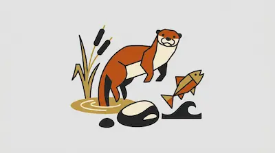 Flat illustration of a brown otter leaping near a jumping fish, cattails, and river rocks on a light gray background