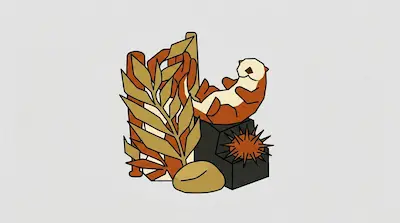 Flat illustration of a brown sea otter floating on its back next to kelp leaves and a spiky sea urchin on a grey background