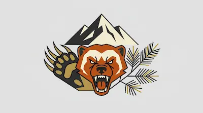 Flat illustration of a snarling wolverine head with a large clawed paw, pine branches, and a snowy mountain peak.